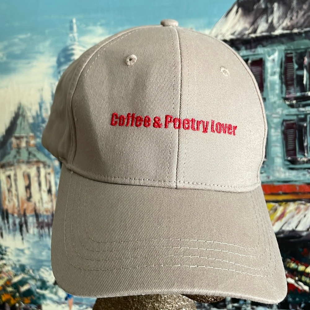 New Capamerica Taupe Adjustable Cap “Coffee & Poetry Lover” Embroidered In Red